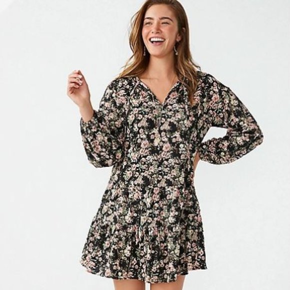 Maurices Dresses & Skirts - NWT Maurices | Black Floral | Babydoll | Mini Dress | Long Sleeve | Women's L
